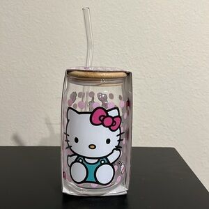 Sanrio Hello Kitty Glass Tumbler With Bamboo Lid And Glass Straw 16oz